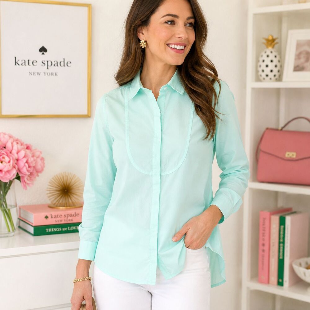 Kate Spade Saturday Button Front Blouse S Mint Green Tuxedo Bib Cotton Preppy